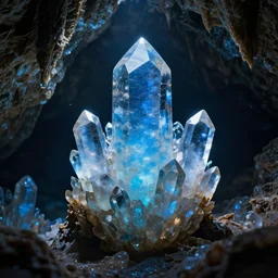 magic crystals in blue cave, realistic, cinematic, filmic, detailed, aspect : 1 6 : 9
