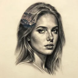 realism tattoo sketch of a isabelledeltore face double exposure mountain scenery, in the style of matteo pasqualin, amazing detail, sharp, faded