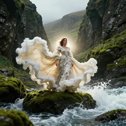 1 9 7 0's artistic spaghetti western movie in color, a woman in a giant billowy wide flowing waving dress made out of sea foam, standing inside a green mossy irish rocky scenic landscape, crashing waves and sea foam, volumetric lighting, backlit, moody, atmospheric