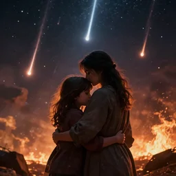“A family hugging each other for the last time as the world is ending, meteors are falling from the sky, everything is on fire, dramatic lighting, digital art, very very very very very very beautiful, 8K, dark lighting, trending on Artstation, award winning”