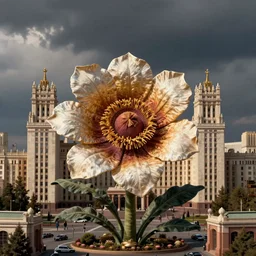 colossal Beelzebub flower in the middle of post soviet constructivist cityscape, Stalinist architecture, brutalist architecture, ultradetailed, Intricate by Wes Anderson and H.R. Giger and MC Esher