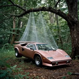 1988 Lamborghini Countach hanging from a tree by invisible force Abandoned in the Woods