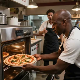 a bald black is putting a pizza in the oven while the restaurant owner is yelling at him, security camera footage, high definition