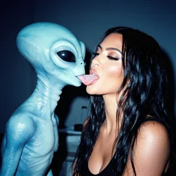 film still of kim kardashian being licked by an alien, associated press, 2 6 mm, kodak ektachrome, blue tint expired film.