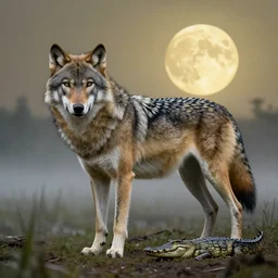 photoshop of wolf with reptile scales instead of fur, a crocodile tail replacing the wolve's tail, photorealistic, yellowish moon overlooking misty swamp