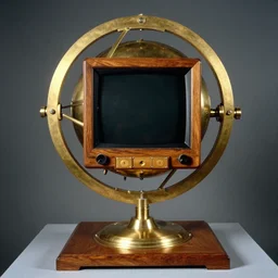realistic photo of scientific astronomy gadget made of wood and brass, with a black display monitor, center straight composition, 1 9 9 0, life magazine photo, museum archival photo
