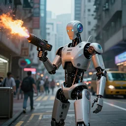 ( ( ( humanoid robot cyborg using a flamethrower in the streets of a cyberpunk hong kong ) ) ), ( cyberpunk, city, provided by unreal engine, photography, cinematic shot, hd, 8 k, realistic, realism, highly detailed, high definition, maximum quality )