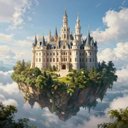 a floating island, on the island is a huge beautiful rococo castle within a magic forest, blue sky with fluffy clouds, cinematic lighting fantasy elegant hyperdetailed artstation, panorama