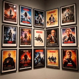 a large wall in a museum containing framed movie posters, retro sci - fi, retro horror, retro movies