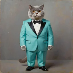 ( ( ( ( ( man ) ) ) ) ) anthropomorphic british shorthair, wearing a turquoise tuxedo, oil on canvas, full shot, trending on artstation
