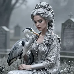 cinestill 5 0 d portrait of a dreamy woman by liebovitz, sitting in a ancient misty cemetery, holding an heron, pale silver tonal matt, hair intricate style, wearing intricate ancient lace, elegant, highly detailed, soft blur, artstation, sharp focus, head in focus,