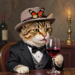 'A cute cat wearing a little hat and a suit with papillon. Drinking a glass of red wine. Elegant environment. Painting by Caravaggio'