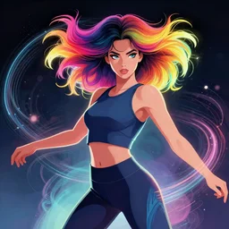 a award winning half body portrait of a beautiful woman with stunning eyes in a croptop and leggings with reinbow colored ombre hairstyle head in motion and hair flying while dancing by thomas danthony, surrounded by whirling illuminated lines, outrun, vaporware, shaded flat illustration, digital art, trending on artstation, highly detailed, fine detail, intricate