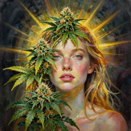 surreal gouache painting by conrad roset, cannabis flowers growing out, portrait, cgsociety, artstation