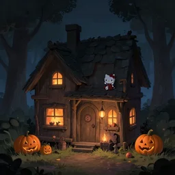 de nuit, petite maison en bois sinistre, des sorcieres avec un feu, des citrouilles, kawaii, chris moore, tendance sur artstation