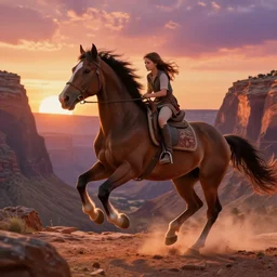 spirit, the brown wild horse with white pastern flexion from the spirit movie, with the young girl lucky on his back galloping next to a canyon into the sunset, movie poster, intricate detail, 8 k, trending on artstation, octane render