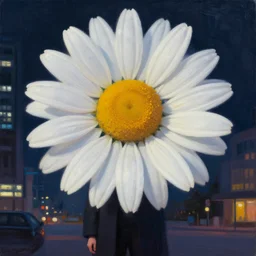 huge daisy flower head, woman in modern city, surreal photography, night light, dark, impressionist painting, digital painting, artstation, simon stalenhag
