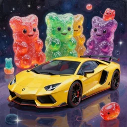 an extremely high quality hd surrealism painting of a 3d gummybeary galactic neon complimentary colored cartoon surrealism melting lamborghini by kandsky and salvia dali the fourth, salvador dali\'s much much much much more talented painter cousin, 4k, ultra realistic, super realistic, so realistic that it changes your life