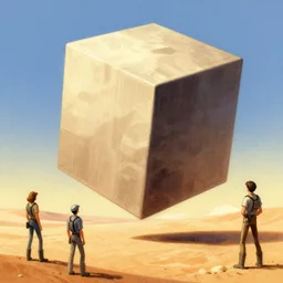 giant cube floating above the desert concept sketch by joe johnston and nilo rodis - jamero and ralph mcquarrie and norman reynolds