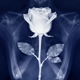 single long stem rose in center of image, super zoomed out, white x-ray silhouette out on dark sapphire blue background, grainy vintage