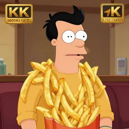 a portrait of fry from futurama made out of french fries, realistic, 4 k.