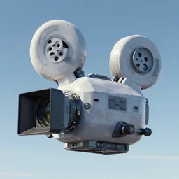 a gigantic hard surface digital movie camera shaped spaceship floating in the sky, maschinen krieger, ilm, beeple, star citizen halo, mass effect, transformers, elysium, warm saturated colours