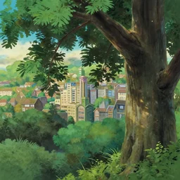 a close - film still of a disney ghibli pixar painting style forest city, close up at theash tree, trending on pixiv fanbox, painted by greg rutkowski makoto shinkai takashi takeuchi studio ghibli, aki