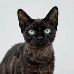 high quality photograph of a black devon rex purebred cat.