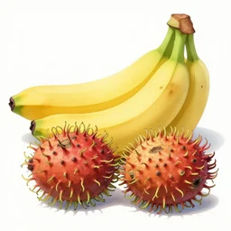 a banana and two rambutans, micro detail, by satoshi kon, sharp focus, trending on artstation hq, deviantart, pinterest, 8 k