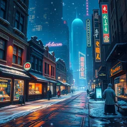 shopping street beneath cyberpunk city in a snowy night, wallpaper 3 d pixar disney digital cgi rtx hdr painting bioluminance alena aenami artworks in 4 kby jesper ejsing, feng zhu and loish beeple, by thomas kinkade