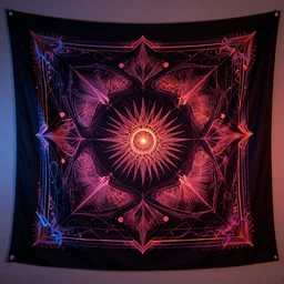 a blacklight reactive tapestry design by yacxilan artwear and public beta artwear