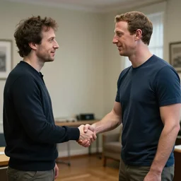 pavel durov and mark zuckerberg are standing in the room, shaking hands, realism, 8 k detail, soft light, depth of field, focus