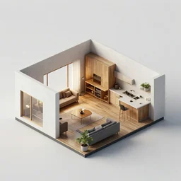 a cutaway of a house showing the living room and kitchen, a digital rendering by leandro erlich, modular constructivism, photoillustration, stockphoto, isometric, octane render, unreal engine, 4 k, artstation, hyper realistic, wide angle, 3 5 mm, sharp focus, soft light, - h 7 0 4