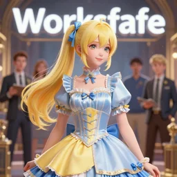 worksafe. insanely detailed. by wlop, ilya kuvshinov, krenz cushart, greg rutkowski, pixiv. zbrush sculpt, octane, maya, houdini, vfx. yellow and blue, gorgeous young cg gentle girlish feminine sissy boy with long hair, ponytail hairstyle, wearing hairbow, frills, silk dress, friendly smiling, in luxury advertisement. cinematic dramatic atmosphere, sharp focus, volumetric lighting