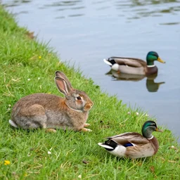 high detailed photo of the river bank with a rabbit is relaxing near it and a duck floating by.
