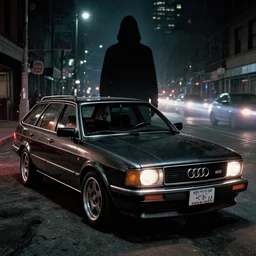 Aqua Metallic Audi 80 RS 2 Avant (1995), black car, a gritty neo-noir, dramatic lighting, cinematic, eerie person silhouette, death, homicide, establishing shot, extremely high detail, photorealistic, cinematic lighting, artstation, by simon stalenhag, Max Payne (PC) (2001) winter new york at night, flashing lights, Poets of the Fall - Late Goodbye