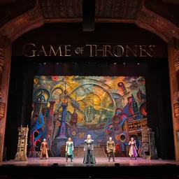 photo of a huge theaterstage, play is game of thrones, 3 actors on stage, 8 k, multicolored, exaggerated detailed, long shot