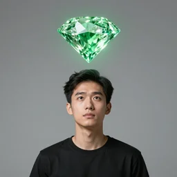 man with a glowing green diamond floating above their head, portrait, photorealistic, 4 k, studio lighting