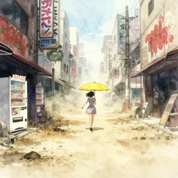 incredible wide screenshot, ultrawide, simple watercolor, rough paper texture, ghost in the shell movie scene, girl in a dress running through a city, yellow parasol in deserted dusty shinjuku junk town, broken vending machines, bold graphic graffiti, old pawn shop, bright sun bleached ground, mud, fog, dust