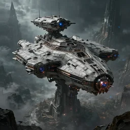monolothic space ship, warhammer 40k, dark souls 3 level, epic scale, gothic scifi