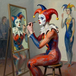 portrait of a morphed jester sitting on a stool looking into a mirror doing makeup by james jean and luc tuymans and beeple and hernan bas and pat steir and hilma af klint, psychological, dripping paint, high quality render, masterpiece