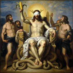 jesus christ wearing blindfold!!!!! holding cornucopia!!!!!!! sitting on a huge!!!! throne of entwined bodies, elegant, ominous, highly detailed painting by goya!!! phil hale!! gaston bussiere, craig mullins, j. c. leyendecker, 8 k, mid shot