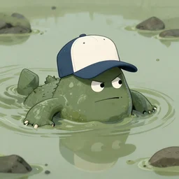 tully monster in a baseball cap swimming in primordial sludge