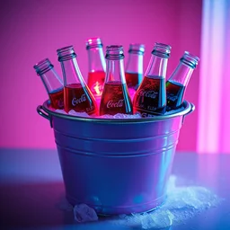 a beautiful masterpiece photograph of an enameled ice bucket brimming with cold coca - cola bottles, containing glowing prismatic dazzle camouflage dayglo pink blue technicolor liquid, by andy warhol and francis picabia, volumetric lighting, rendered in octane, rendered in unreal engine, trending on artstation