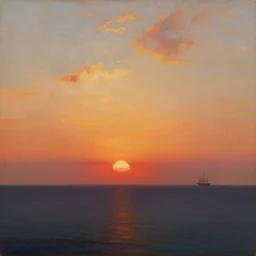 a beautiful painting of a sunset over the ocean, with a ship in the distance, by j. m. w. turner