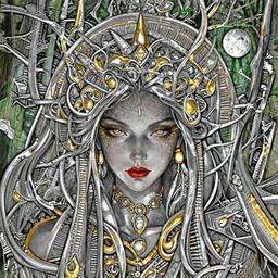 glowing silver and golden elements, full close-up portrait, Faye Reagan as a dark witch, book cover, green forest, white moon, red lips, establishing shot, extremly high detail, photo-realistic, cinematic lighting, pen and ink, intricate line drawings, by Yoshitaka Amano, Ruan Jia, Kentaro Miura, Artgerm, post processed, concept art, artstation, matte painting, style by eddie, raphael lacoste, alex ross