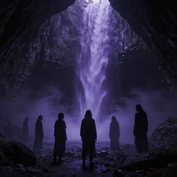 lost souls searching for nothing, concept art, darkness, big dark caverns, waterfall, ultra detailed, soft, mysterious, purple haze, scary