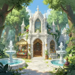 Potion shop inside a beautiful elven city made of white marble, anime, lush trees, fountain, a fantasy digital painting by Greg Rutkowski and James Gurney, trending on Artstation, highly detailed
