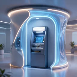 a futuristic atm, curved flowing neon, fzd school of design