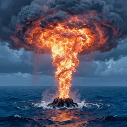 A very beautiful picture. Fire tornado in the open ocean. The stormy sky smoothly turning into the sea. ninth shaft. Fire craving. Soft colors. Azure water. Octane render. artstation trending. Wow. 4k. Desktop wallpaper. The underworld opened up. Cthulhu emerges from the waters. - g